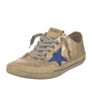 Golden Goose Metallic Gold/Blue Canvas and Leather V-Star Sneakers Size 38